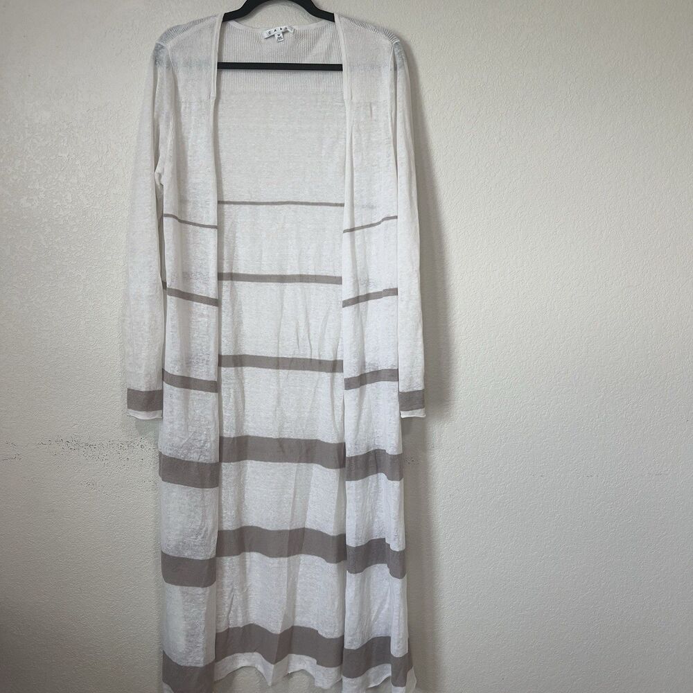 Cabi Duster Cardigan Off White Brown Linen Open Front Lightweight Cover up